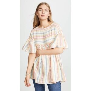 Free People Summer Nights Boho Mini Short Sleeve Textured Cotton Striped Dress S
